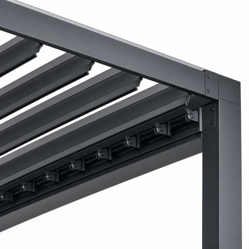 Manual louver roof detail showing pivot hubs at both blade ends and the operating bar that links them