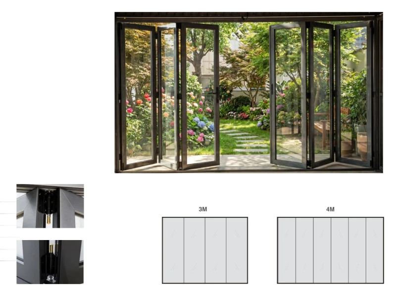 Folding glass door option for pergola outdoor room enclosure with wider opening access