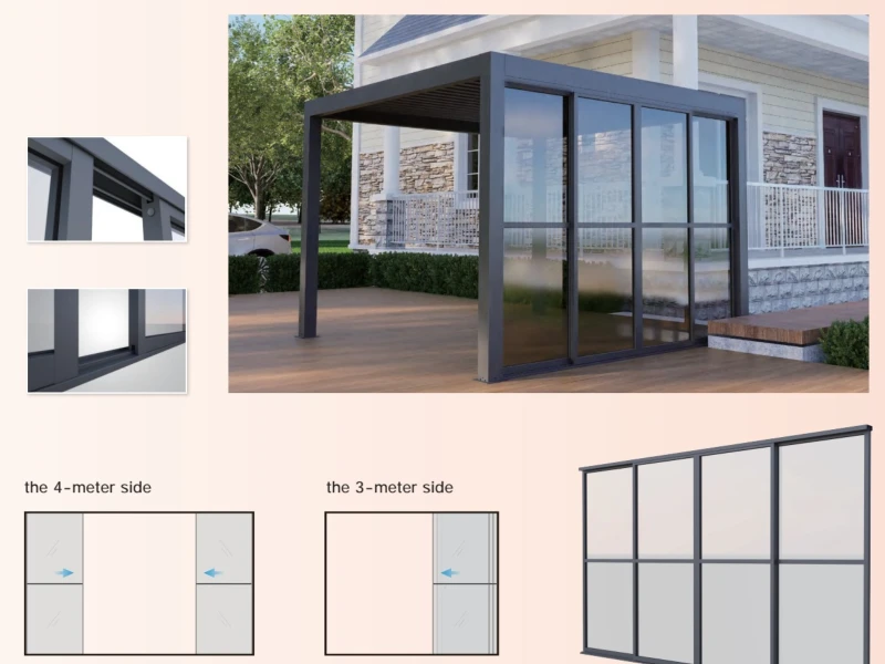 Glass sliding door option for pergola outdoor room enclosure and premium patio projects