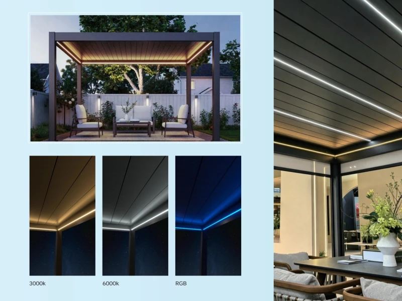 LED louver lighting option for ST-100-A-KD steel pergola evening patio and outdoor dining projects