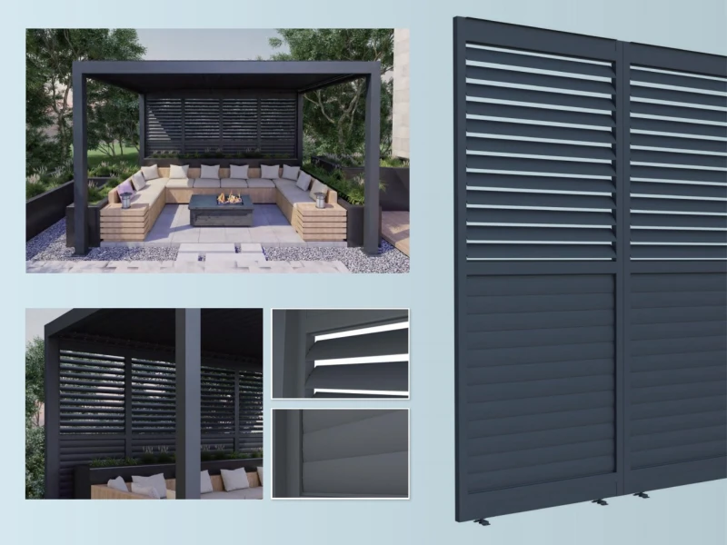 Adjustable louver wall option for custom pergola side privacy airflow and sunlight control