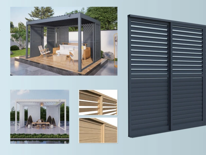 Sliding shutter option for custom steel pergola side privacy and flexible shading