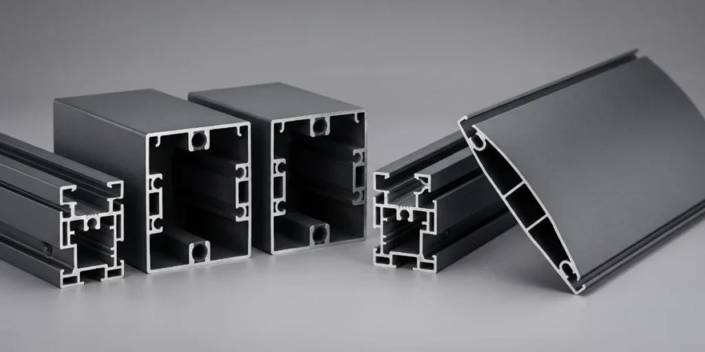Aluminum pergola extruded profile cross-section and louvered roof detail showing wall thickness and internal ribs