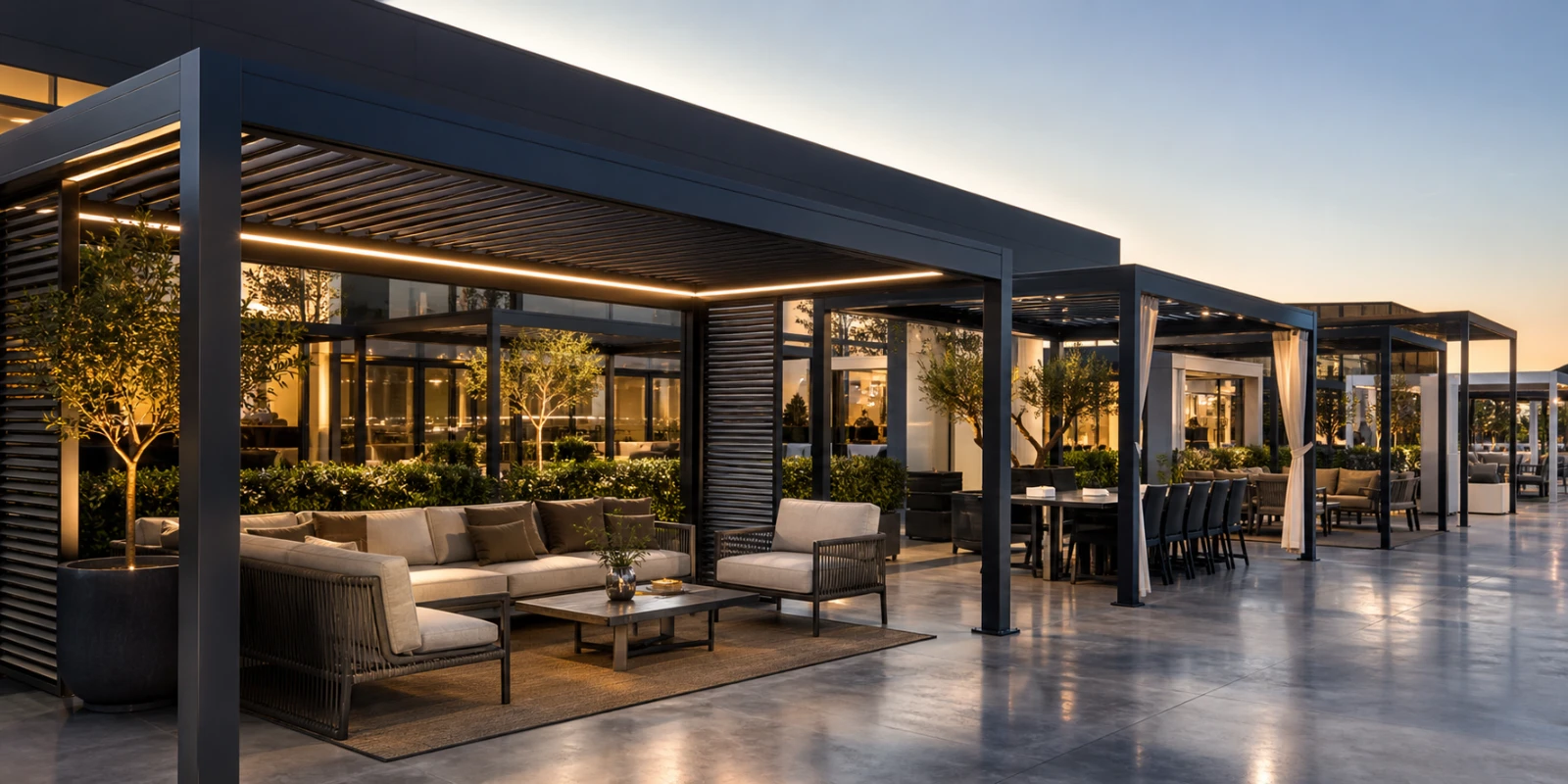 Modern pergola application for outdoor dining, garden and commercial spaces