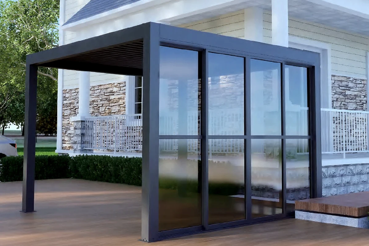 Glass sliding door side enclosure option for OEM pergola systems