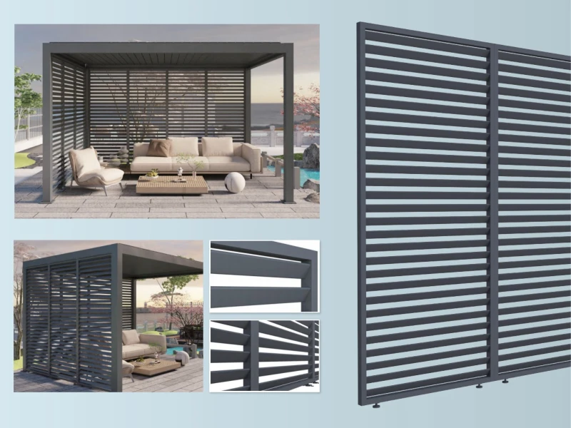 Fixed slat wall option for pergola side shade privacy and architectural screening
