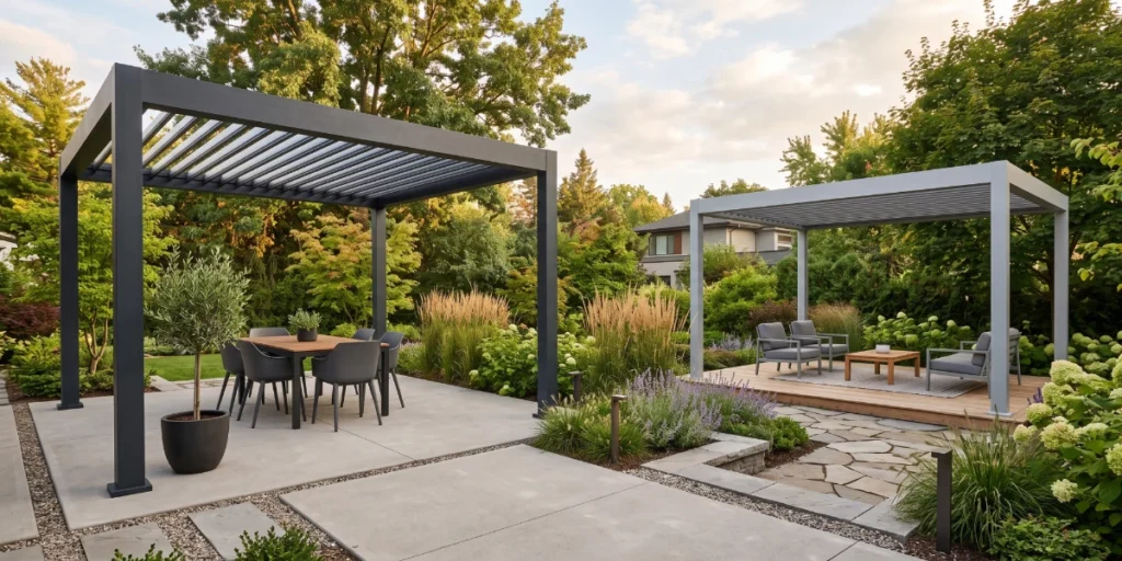 Steel pergola and aluminum pergola with louvered roofs installed side by side on a modern patio