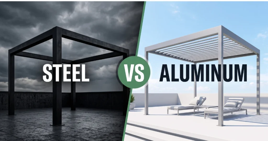 Steel pergola vs aluminum pergola comparison cover with VS split design