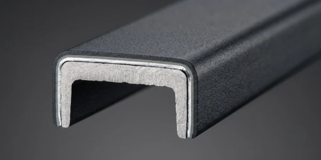 ZAM coated steel pergola profile layers showing zinc aluminum magnesium coating and powder coat finish
