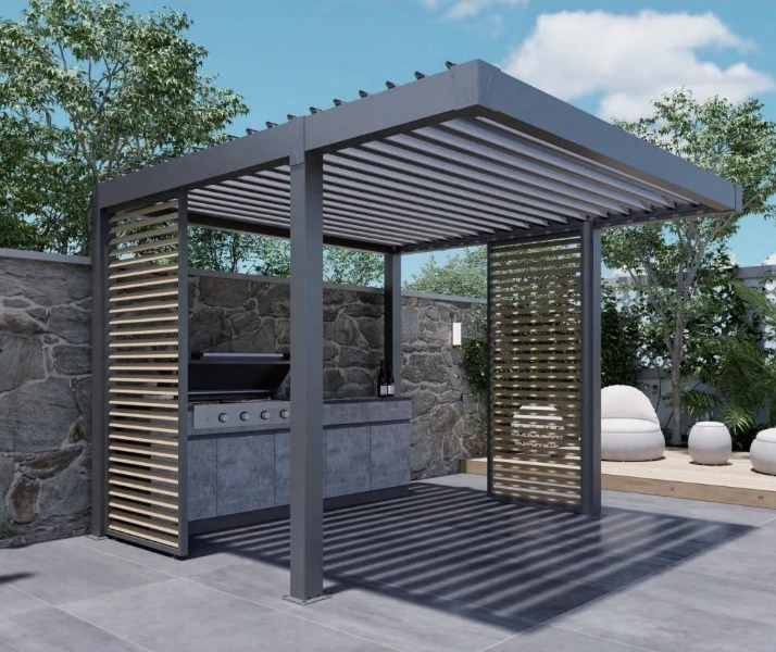 Grill station pergola with open louvers venting smoke