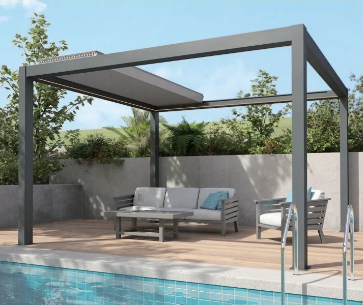 Finished motorized pergola with louvers closed against rain