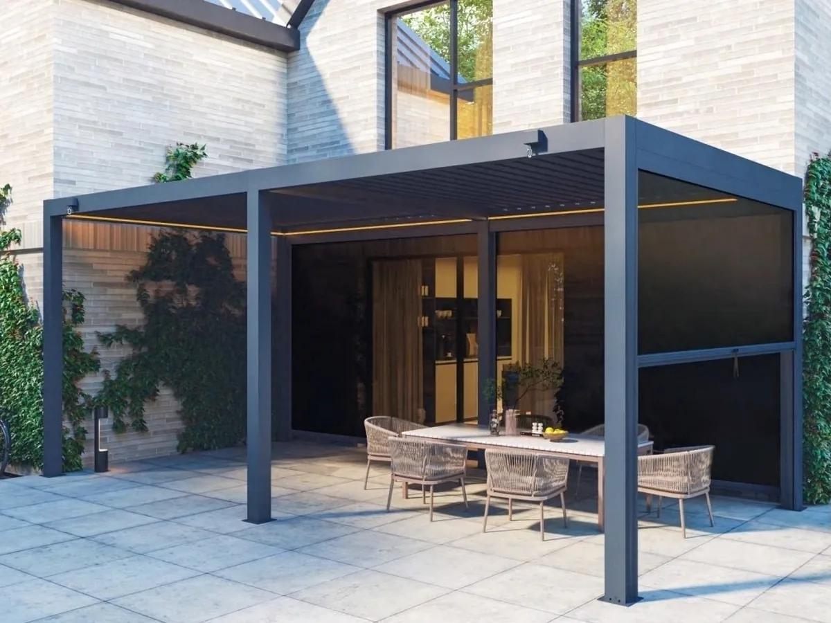 AL-120-B-KD refined aluminum pergola with hidden linkage and hidden motor design