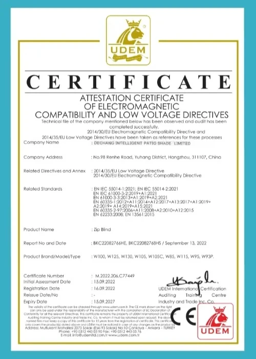 alux pergola CE certificate UDEM EMC LVD