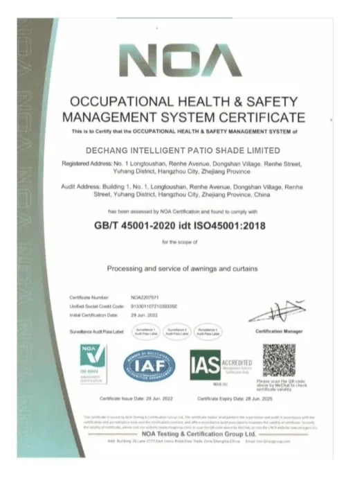 alux ISO 45001 occupational health safety certificate NOA