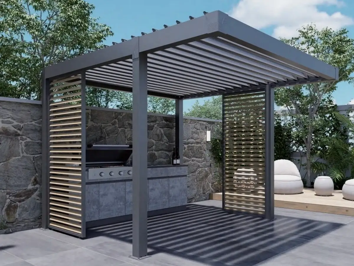ST-100-D-KD outdoor kitchen steel pergola for grill stations and backyard cooking projects