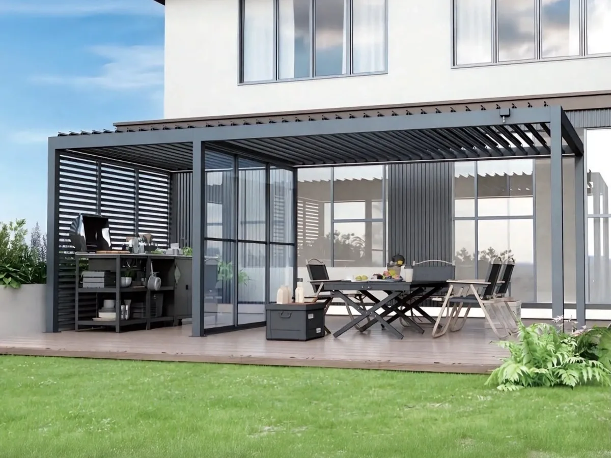ST-100-KS-KD reinforced steel pergola for outdoor kitchen and wider custom shade projects
