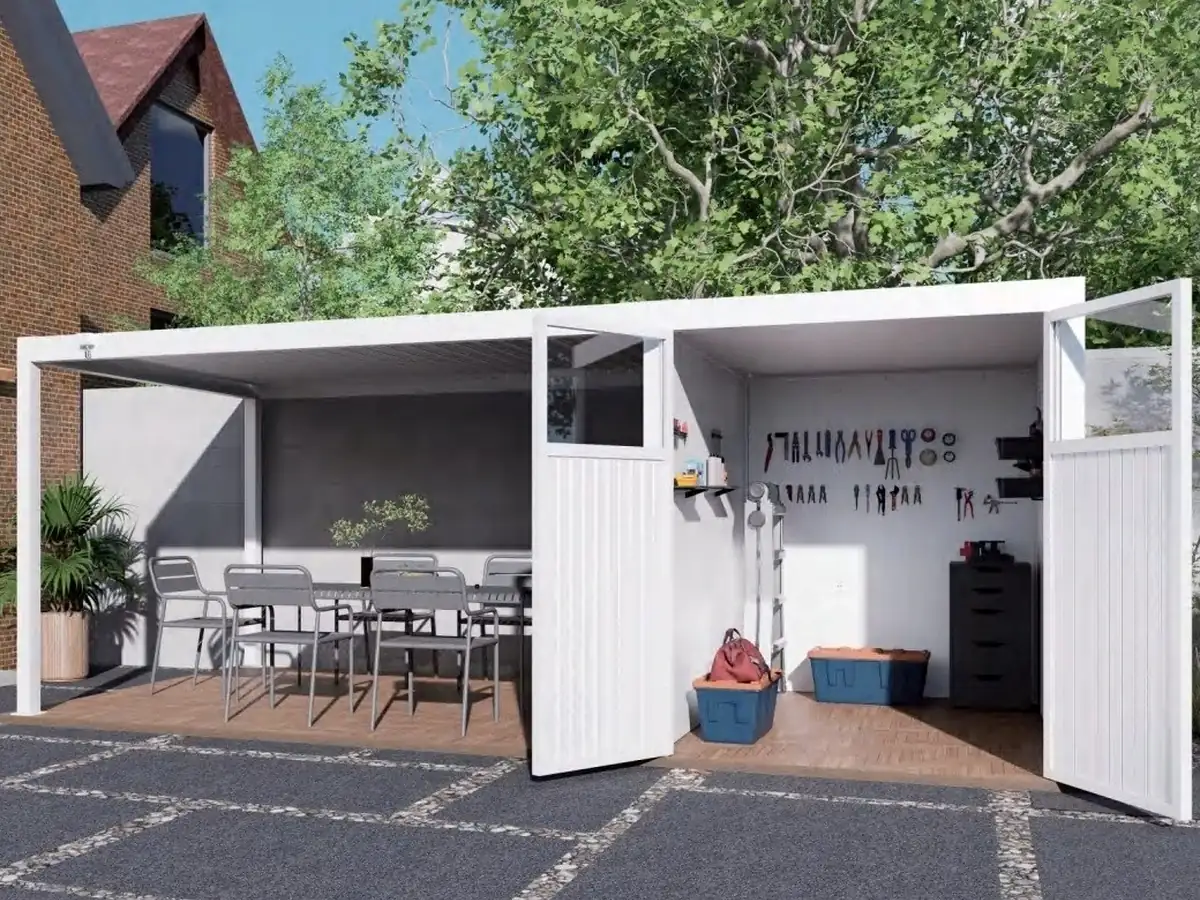 ST-100-TS-KD steel pergola with integrated storage room for shade and tool house applications