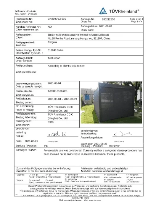 alux pergola TUV Rheinland test report