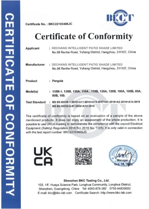 alux pergola UKCA certificate of conformity BKC