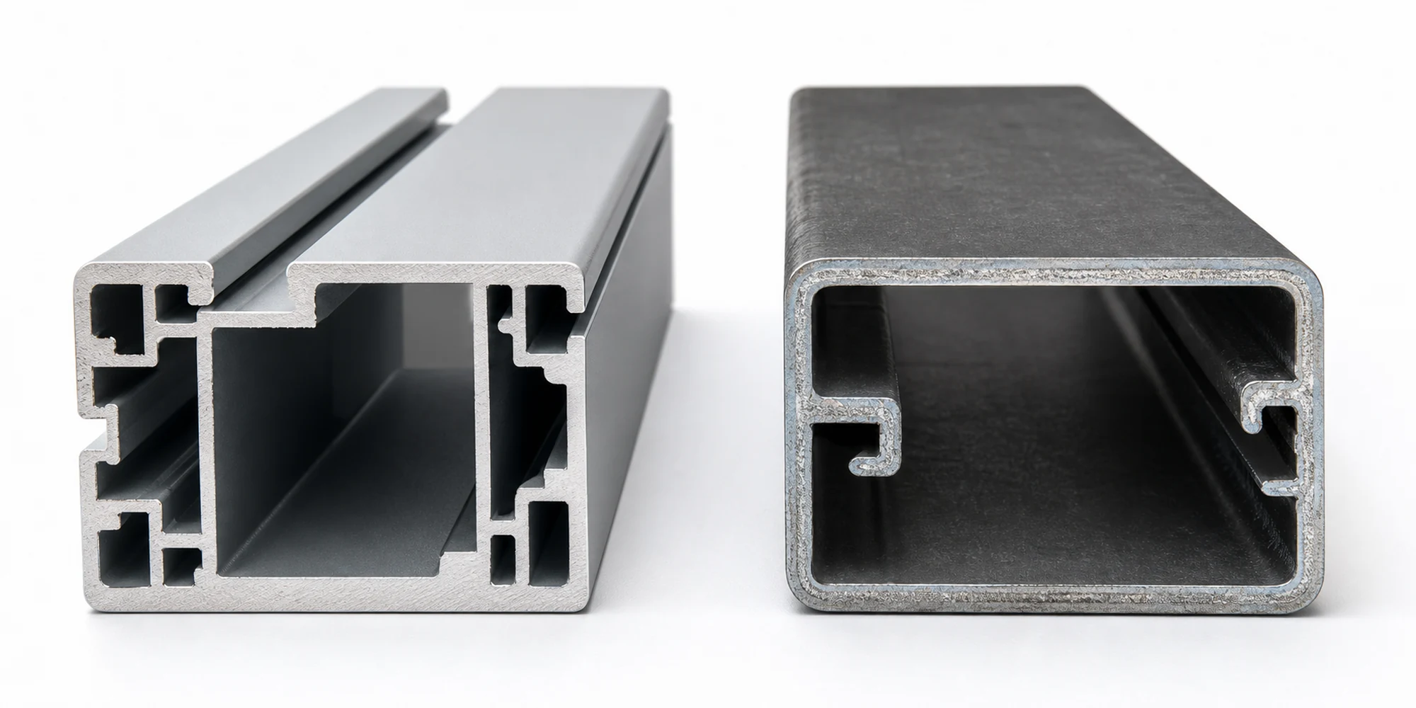 Side by side cross-section of aluminum 6063-T5 and ZAM coated steel pergola post profiles showing coating layers