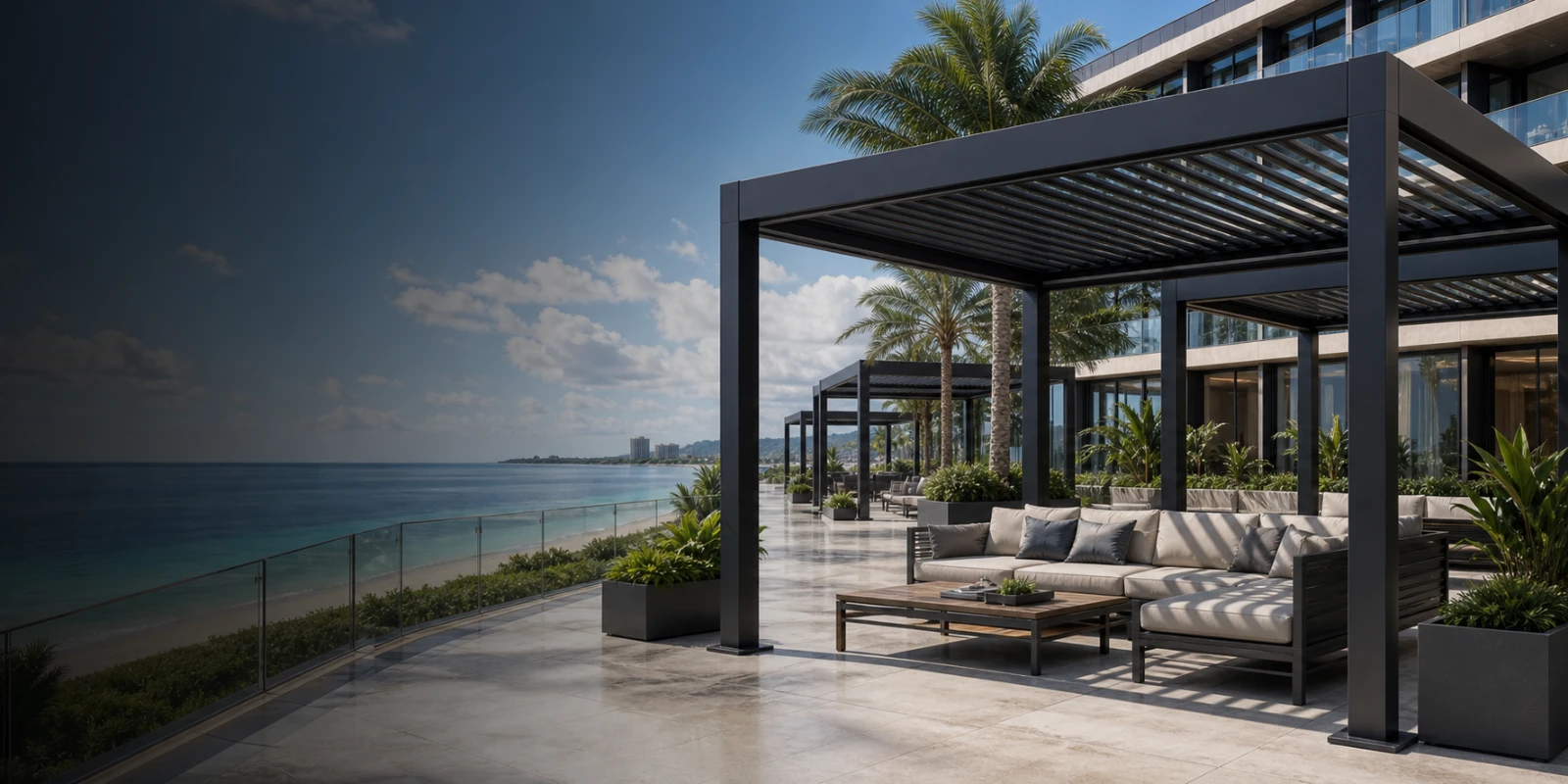 Row of aluminum louvered pergolas over a beachfront hotel pool deck and lounge