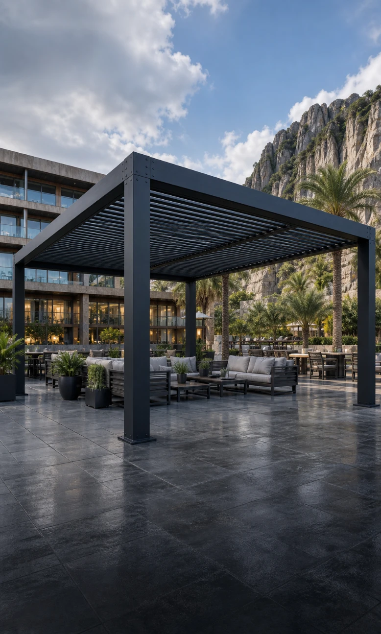 ALUX custom steel pergola for heavy-duty commercial outdoor projects