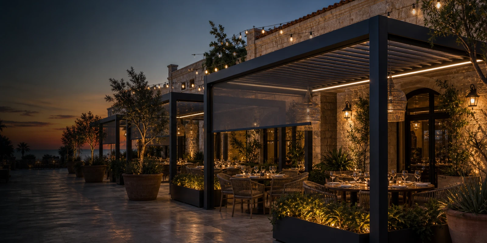 Hotel restaurant terrace under a pergola