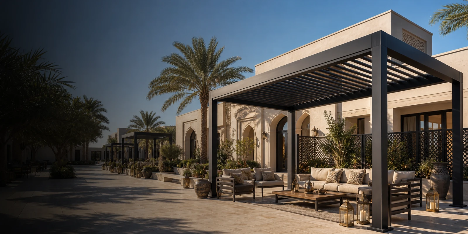 Luxury villa terrace with an aluminum louvered pergola beside a private pool