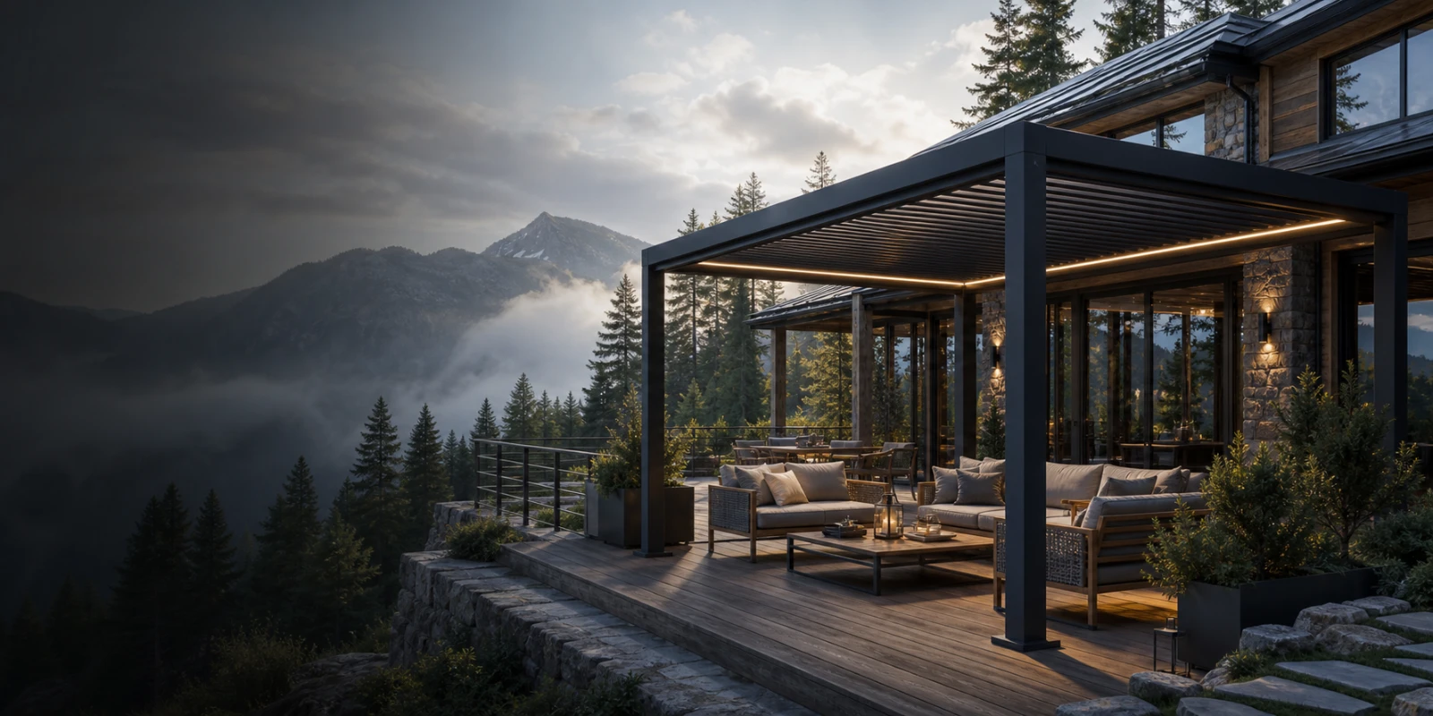 Mountain lodge terrace pergola in a snow region