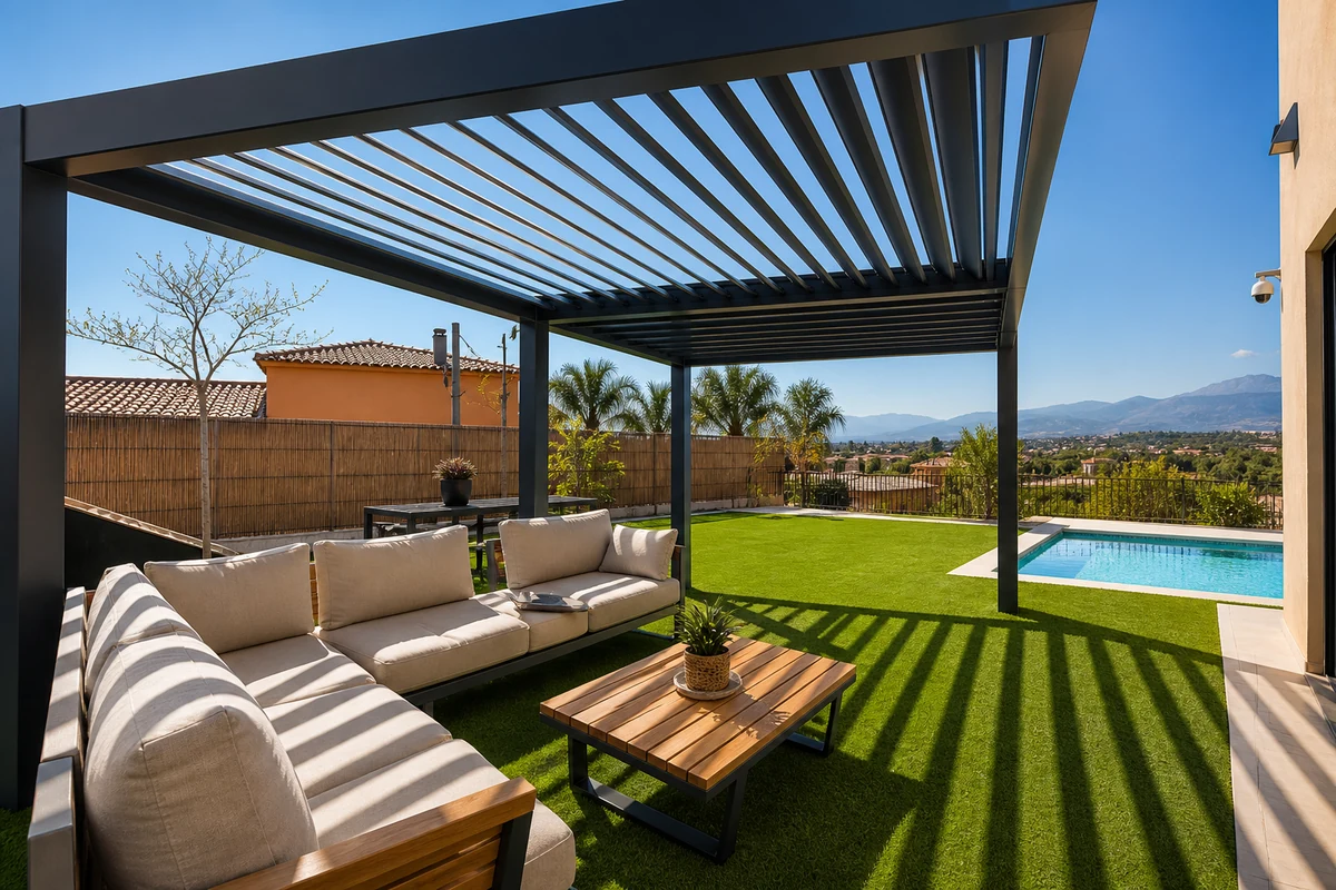 Aluminum pool pergola with louvered roof shading a backyard poolside lounge