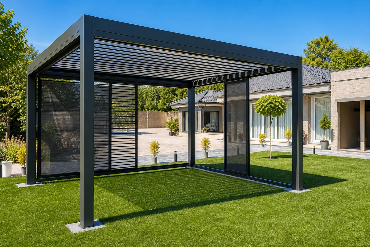Deck pergola side enclosure with zip screens for wind protection