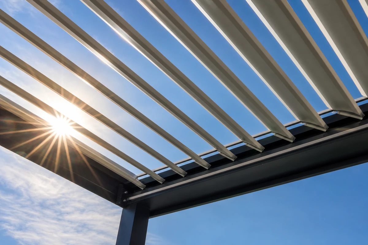 Louvered pergola roof keeping a front entrance dry