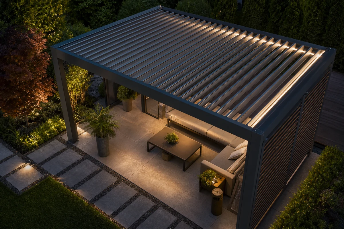 Deck pergola with LED lighting for evening use