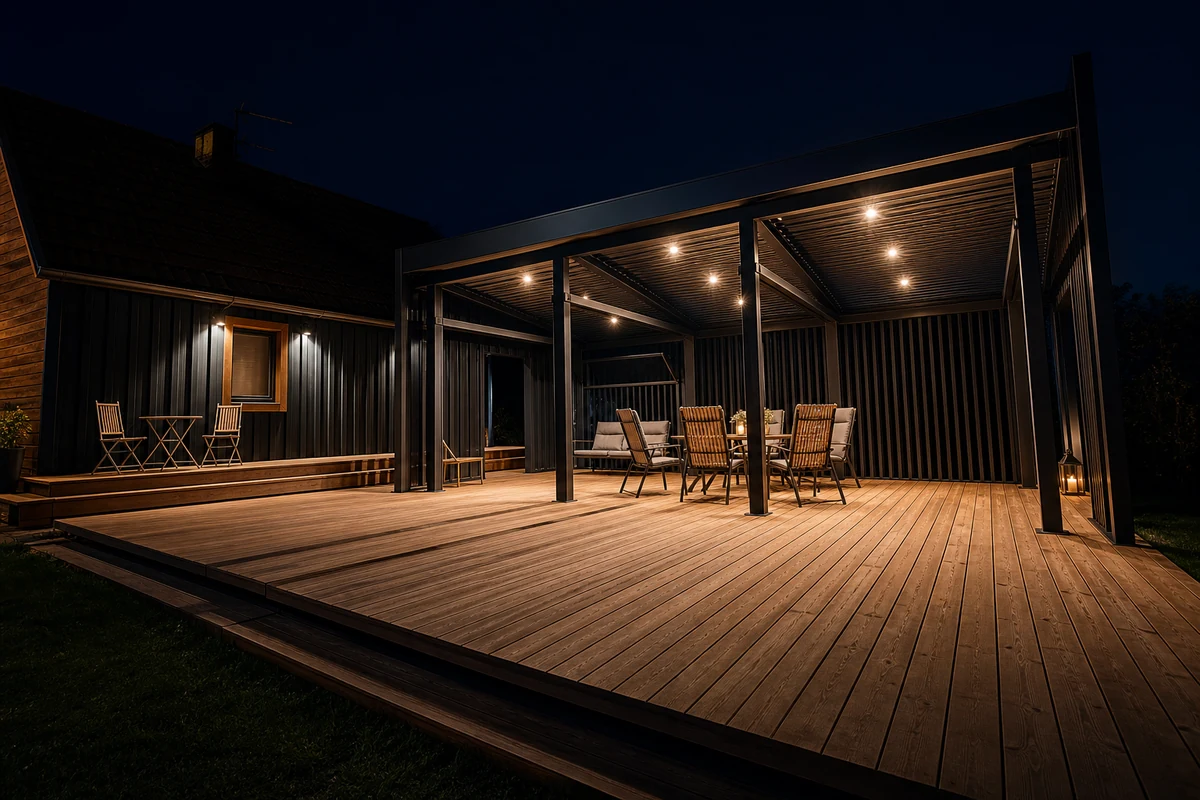 Deck pergola with lighting on a timber platform at night