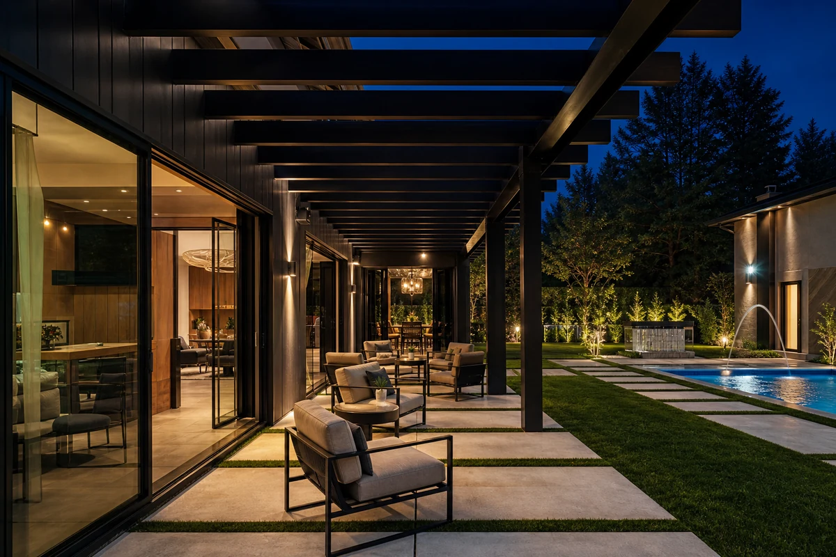 Deck dining pergola with LED lighting over an outdoor table