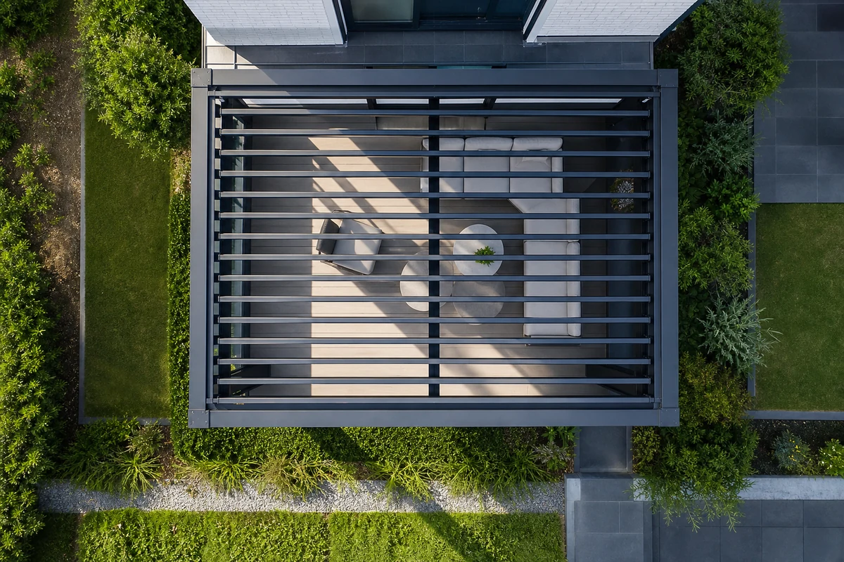 Pergola with roof louvers closed against rain over dry outdoor seating