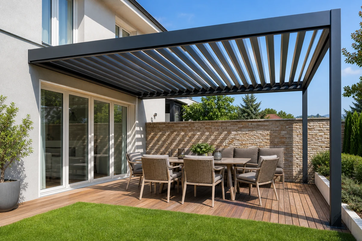 Wall-mounted front porch pergola structure fitted around the entrance