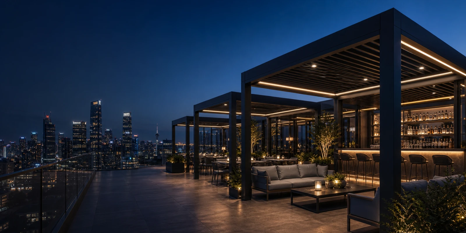 City hotel rooftop bar under a pergola