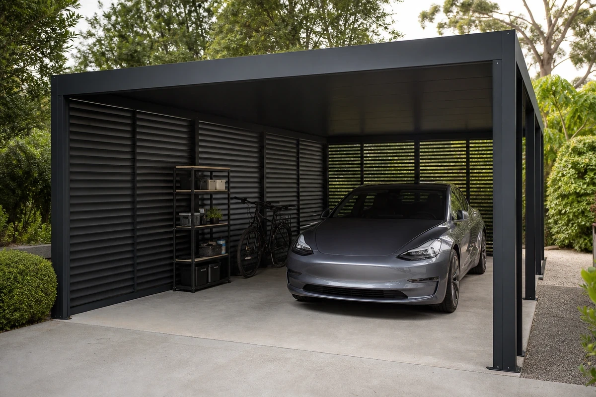 Semi-enclosed carport with side panels