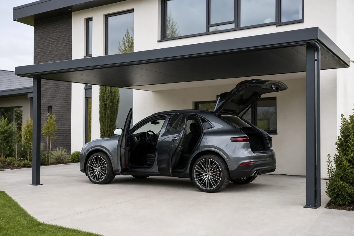Clear-span carport pergola structure over parking bays