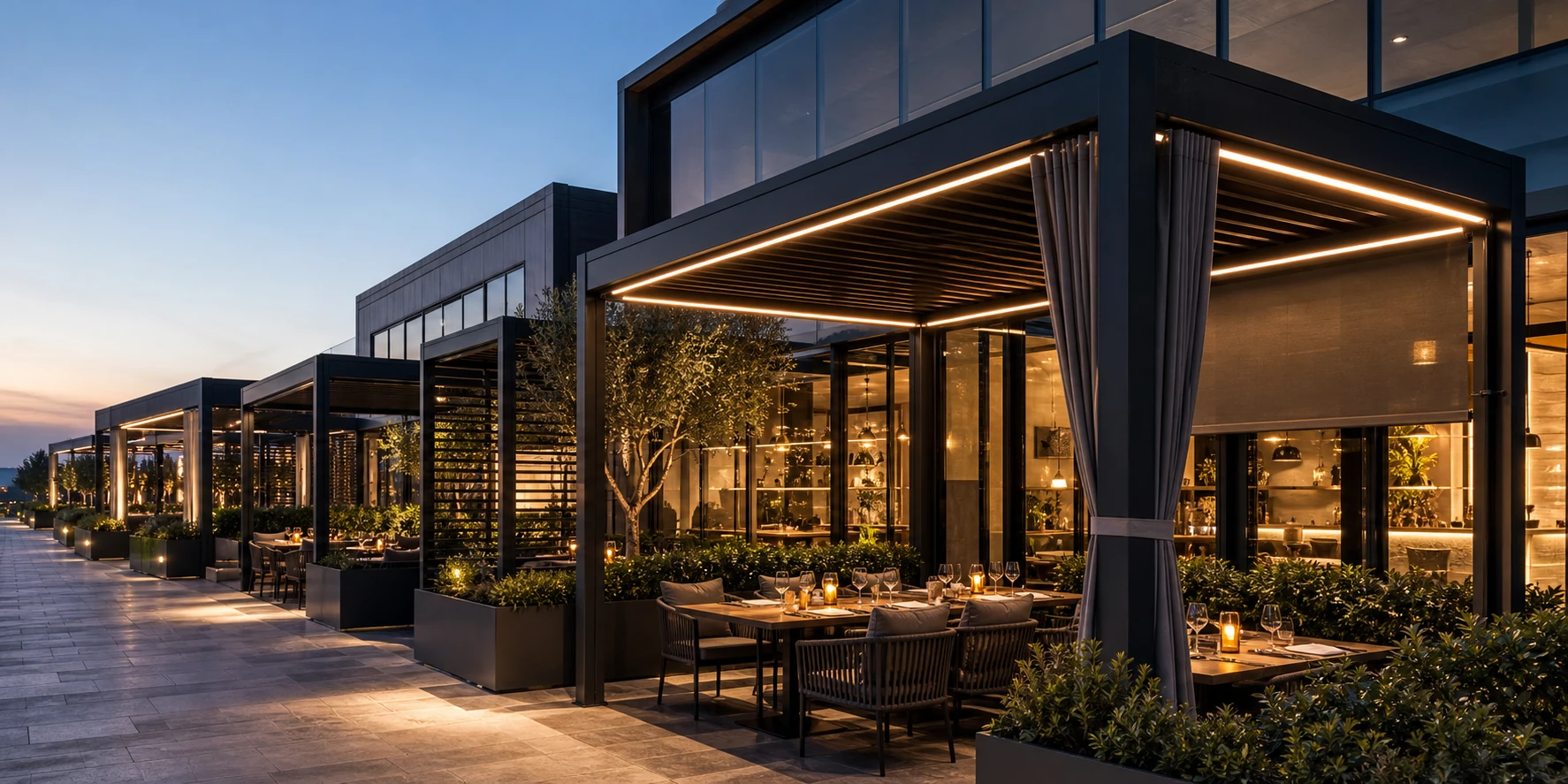 ALUX motorized louvered pergola project for hotel terrace outdoor dining