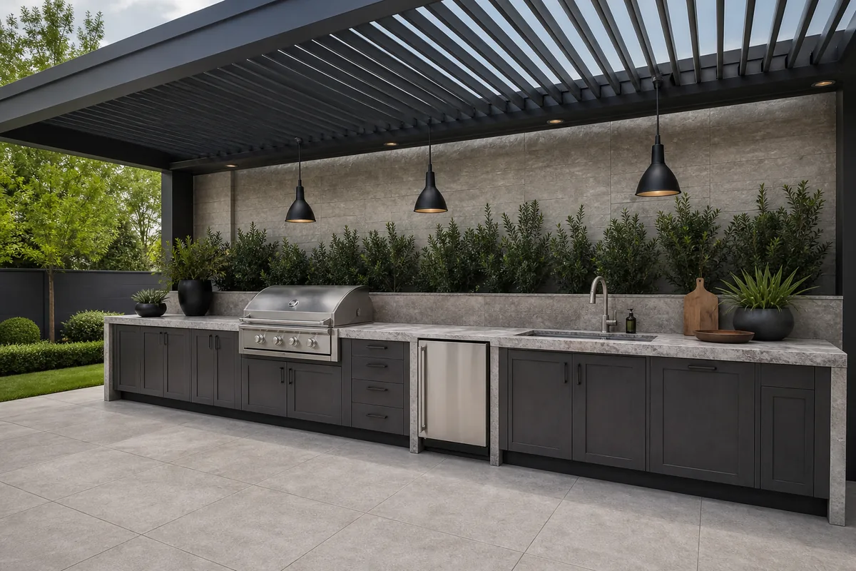 Full outdoor kitchen pergola covering cabinetry and appliances