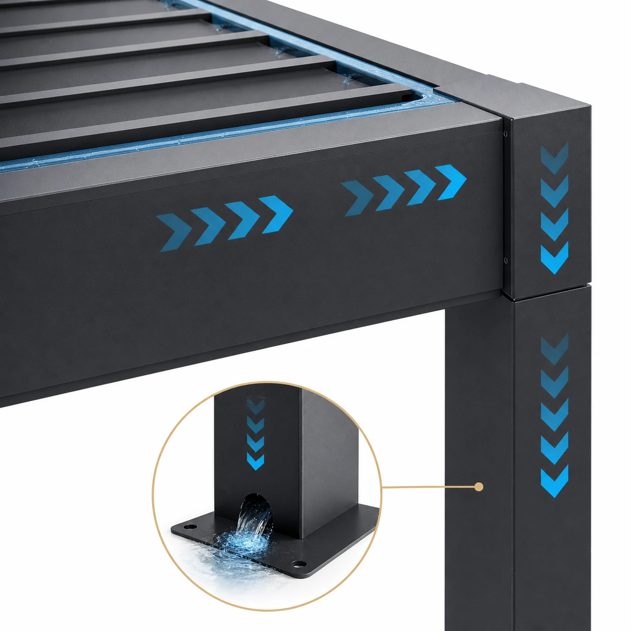 ST-100-A-KD steel pergola integrated gutter and louver roof drainage detail