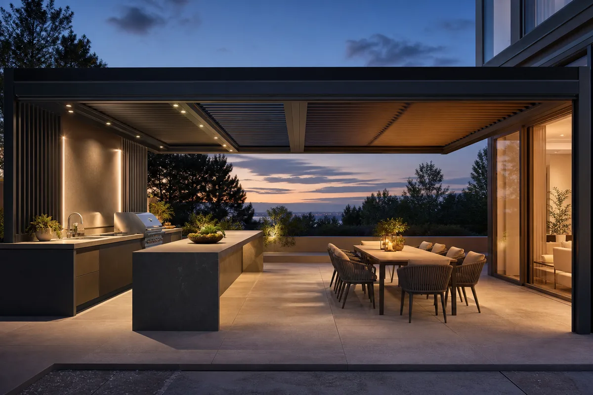 Kitchen and dining combination under one pergola at night
