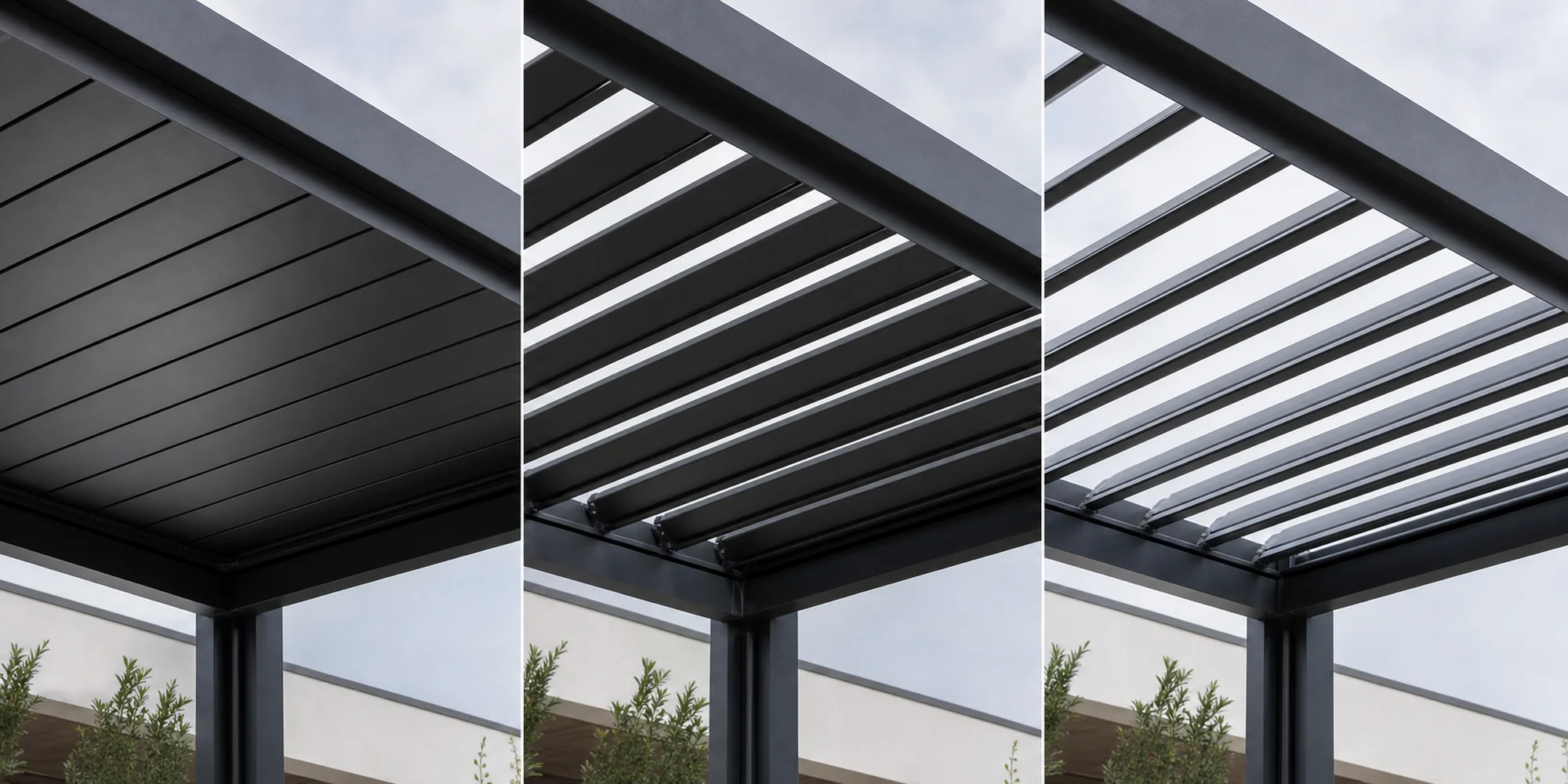 Louvered pergola roof slats shown at closed, tilted and fully open positions for rain, shade and sun control