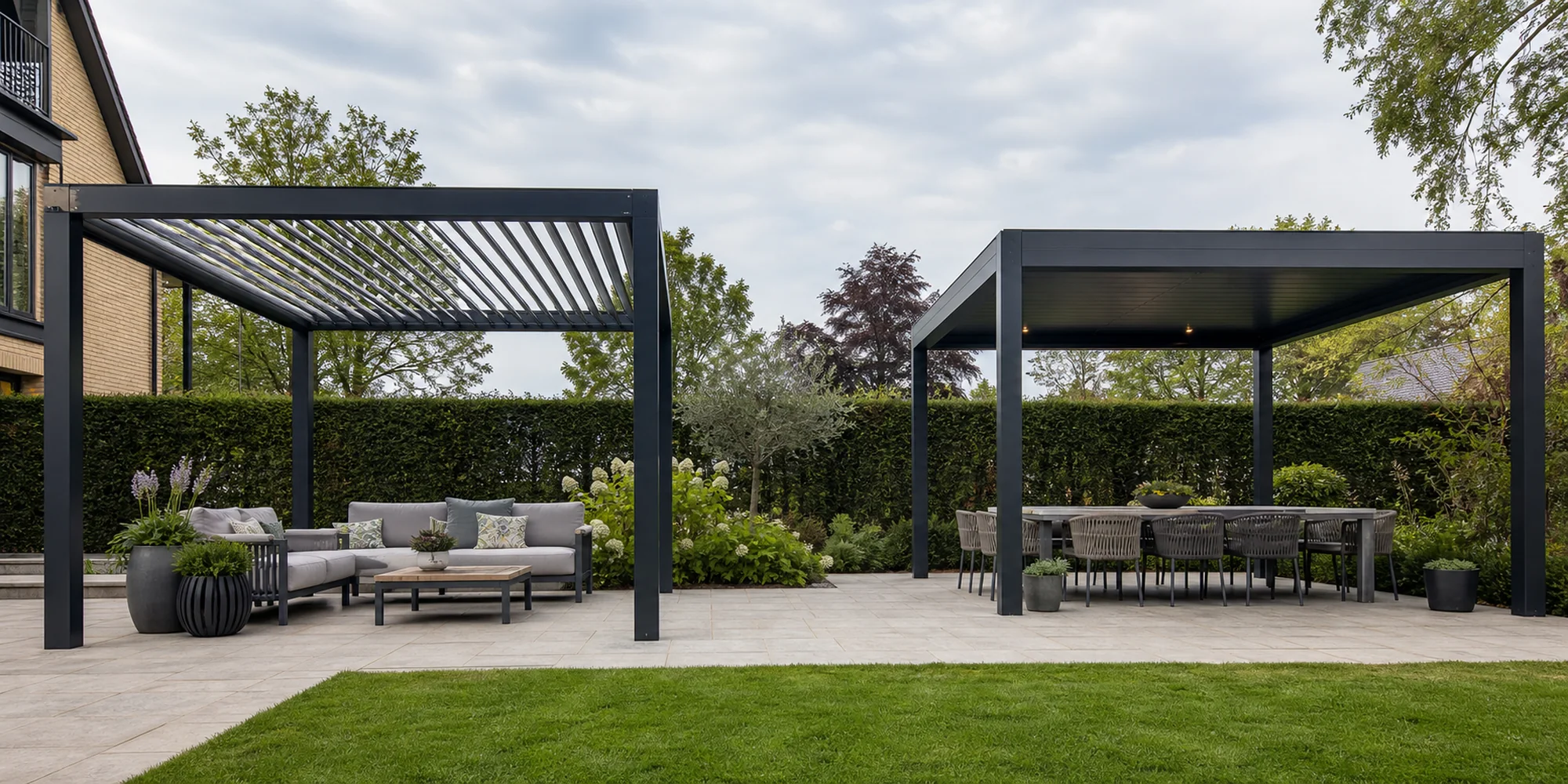 Louvered pergola with open slats beside a fixed roof pergola showing two roof system types side by side