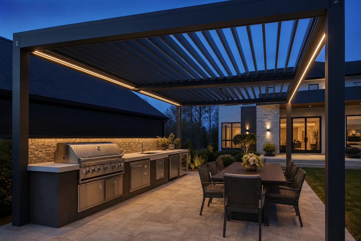 Outdoor kitchen pergola with louvered roof and LED lighting over a cooking and dining area