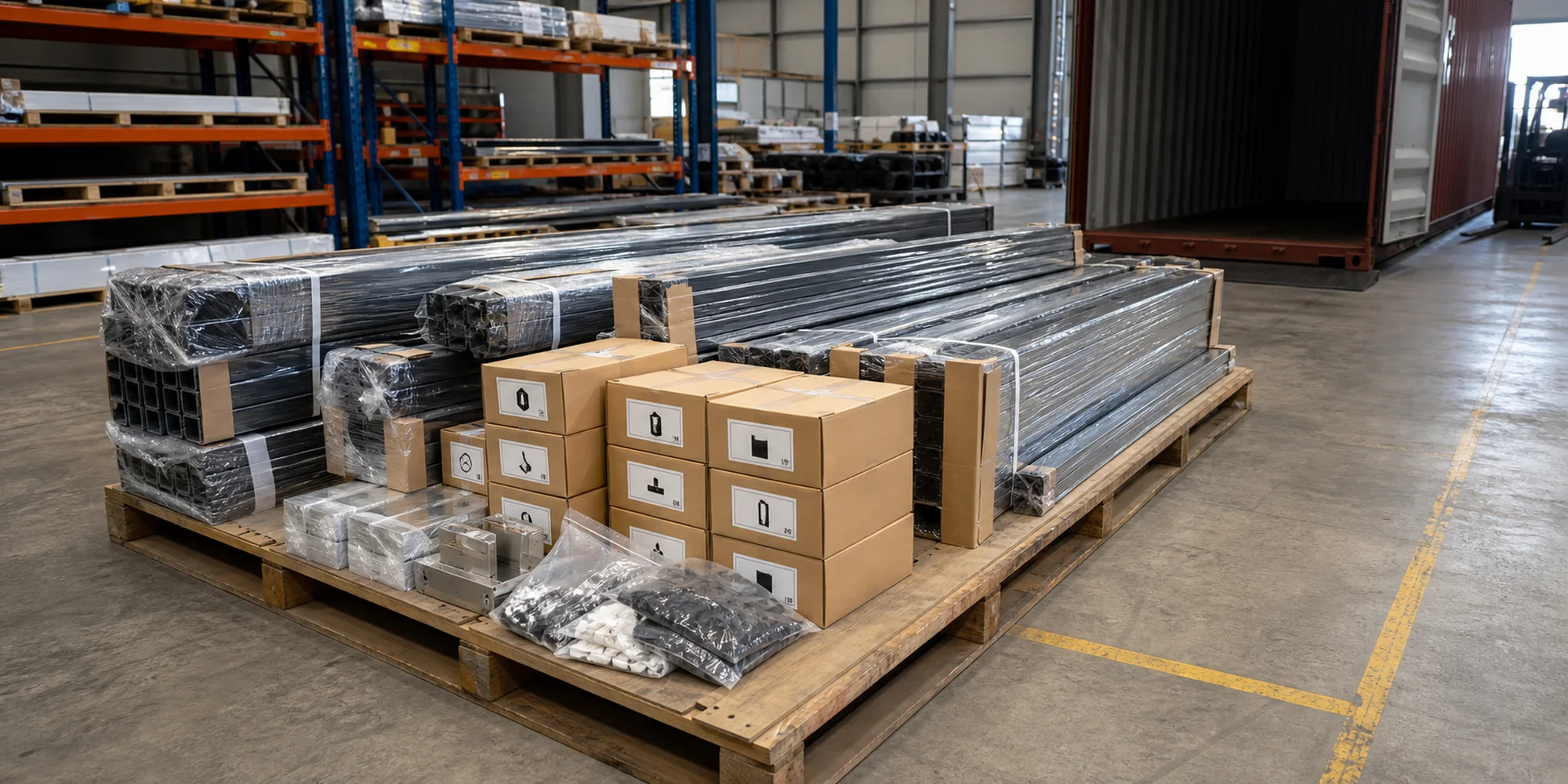 Knock-down pergola kit components packed flat with labeled hardware bags prepared for container export