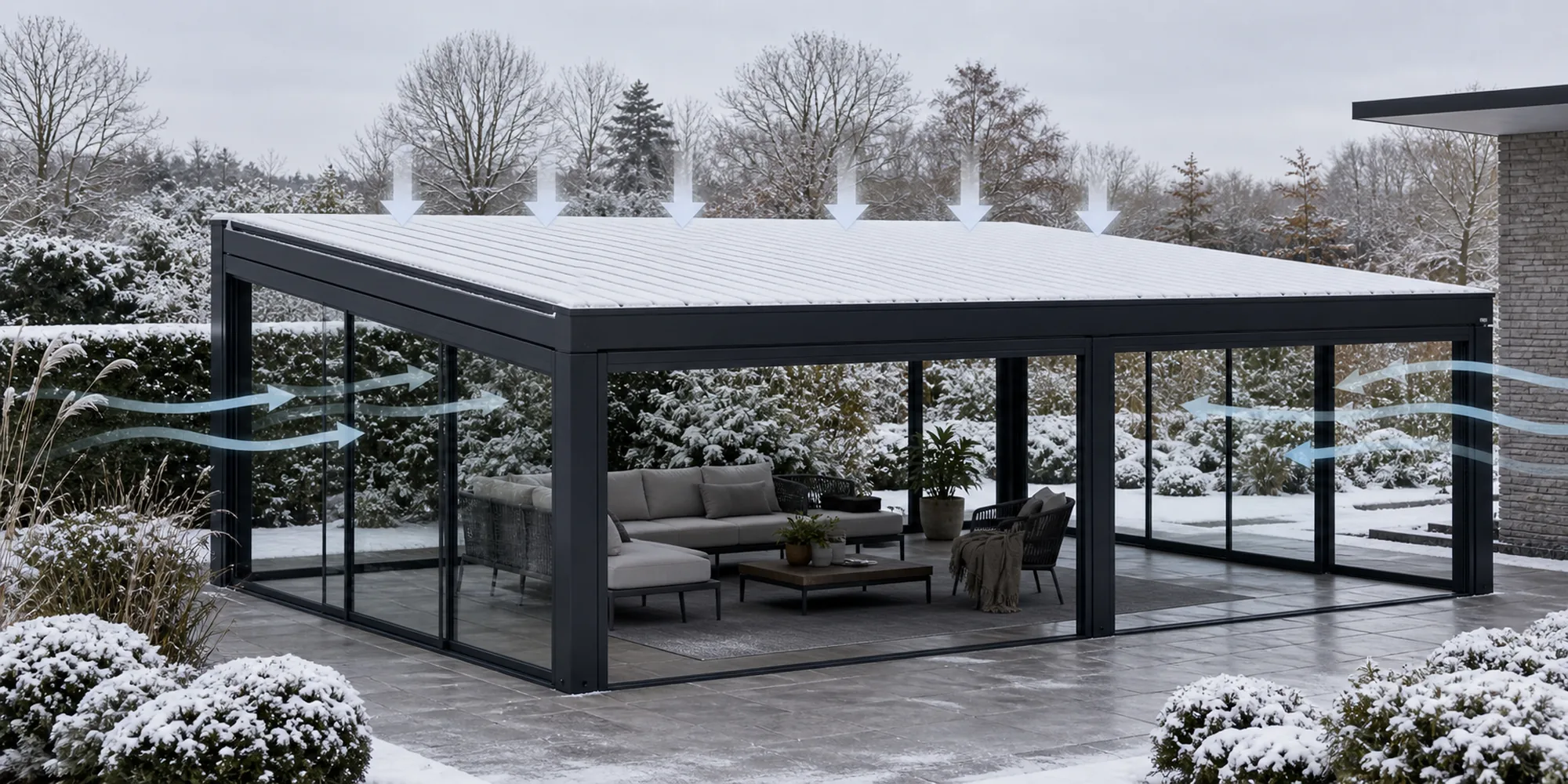Louvered pergola under snow with structural load arrows illustrating snow load and wind rating concepts