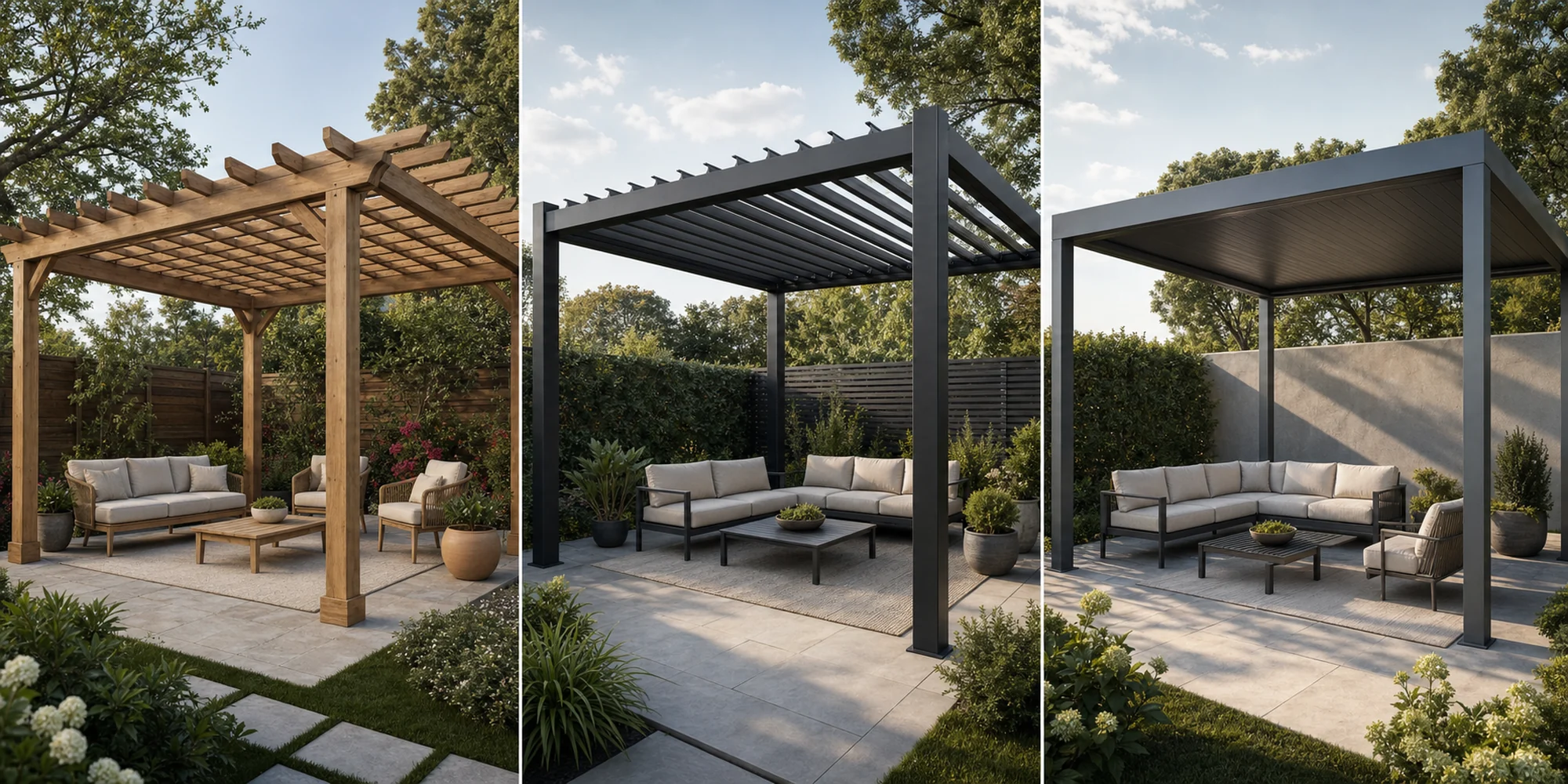 Three pergola roof types shown side by side, open lattice, adjustable louvered and fixed panel roof